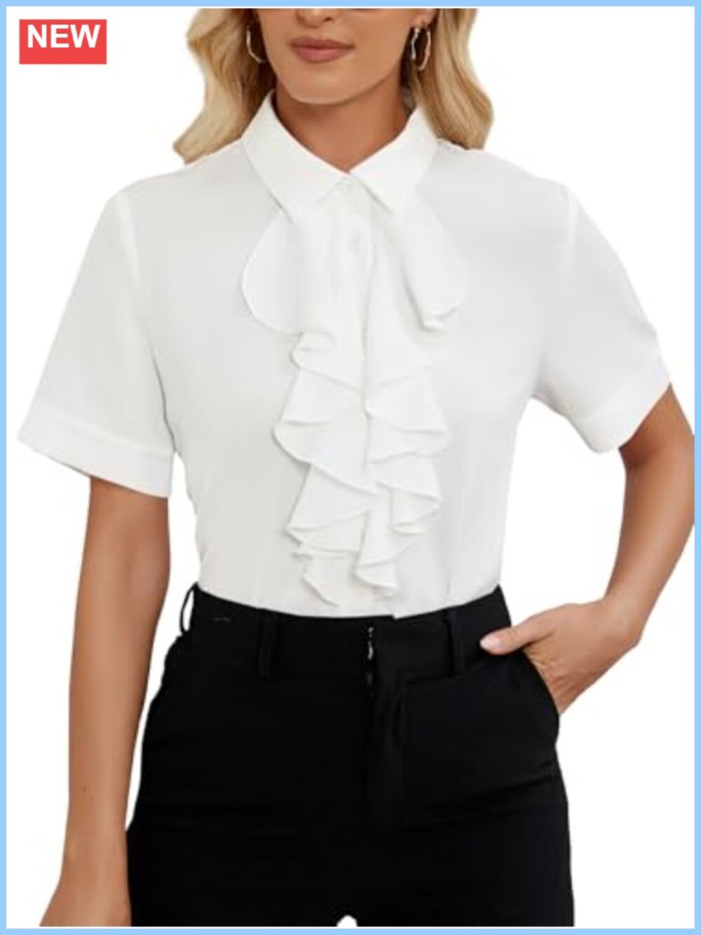 Ruffle Front Button Down Short Sleeve Blouse Top for Women